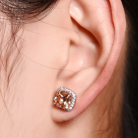 NEW 18K Rose Gold Morganite Diamond Halo Stud Earrings - Picture 3 of 3